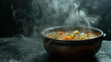 Hot vegetable soup in a bowl with steam, dark moody lighting. Culinary and gourmet concept for recipes, restaurant menus, and food blogs with copy space. photo