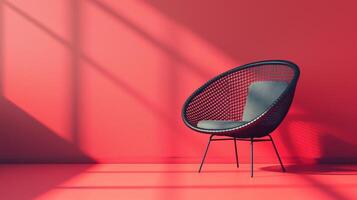 Modern black wire chair on a red background with shadow play. Interior design and minimalism concept with copy space. photo