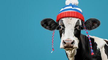 Cute Black and White Cow Wearing a Colorful Winter Hat on a Blue Background with Playful Vibes Perfect for Holiday and Seasonal Designs, Animal Illustrations, and Whimsical Concepts photo