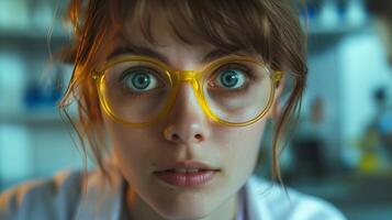 Close-up portrait of a scientist woman wearing yellow glasses, wide-eyed with a surprised expression. Conceptual shot representing curiosity and surprise. photo