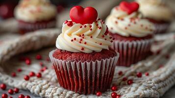 Red velvet cupcakes with white cream frosting and heart decorations. Love and Valentine's Day concept. Design for greeting card, invitation. photo