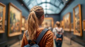 Young Woman Exploring Classic Art Exhibitions in a Public Museum, Captured in a Warm Summer Ambient Light photo