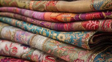 Vibrant Stack of Luxurious Fabric Textiles Featuring Intricate Floral and Geometric Patterns photo