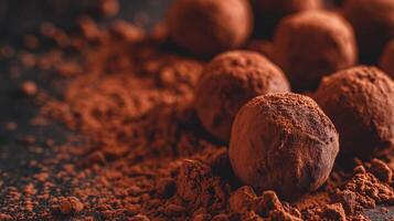 Elegant chocolate truffles coated with cocoa powder. Macro photography capturing the texture and finesse of gourmet sweets, suitable for confectionery promotion and dessert menus. photo