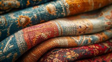 Close-Up View of Stack of Traditional Fabrics Showcasing Intricate Patterns and Rich, Warm Colors, Perfect for Design Inspiration and Cultural Explorations photo