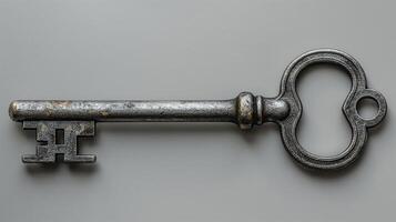 Antique skeleton key on a neutral background, high-detail close-up, security and access concept with copy space. photo