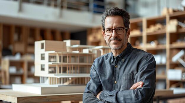 profesional arquitecto posando con confianza con brazos cruzado en su taller rodeado por detallado modelo edificios foto