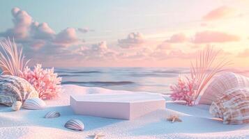 Dreamy Beach Scene with Seashells, Starfish, Coral, and Pink Sunset Sky, Ocean Horizon and Soft Sand Patterns in Serene Evening Light for Coastal Design Inspiration photo