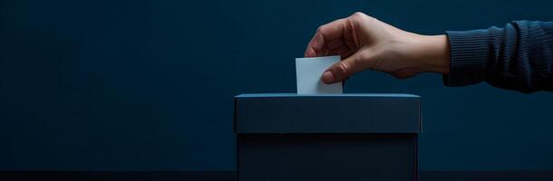 Hand Casting Vote Into Ballot Box on Dark Background, Representing Democracy, Elections, Voting Process, Political Participation photo