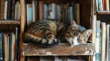 Cozy Cat Sleeping on Bookshelf with Old Books, Relaxed Feline in Indoor Library Setting, Perfect for Warm, Comforting, and Homely Winter Vibes photo