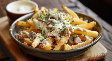 French Fries with Truffle Mushrooms, Parmesan, and Parsley in Rustic Bowl on Wooden Table with Dip - Gourmet Street Food Delight for Food Photography and Menu Design photo