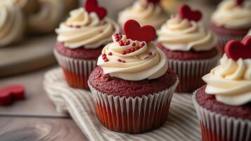 Red velvet cupcakes with cream cheese frosting and heart-shaped topper. Valentine's Day treat concept for design and print. photo