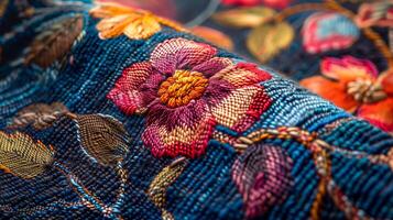 Vibrant Hand-Embroidered Floral Design on Textured Blue Fabric Highlighting Artistic Craftsmanship photo