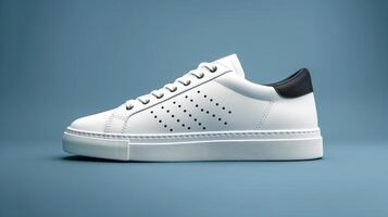 Classic white sneaker with black heel accent on blue background. Minimalist footwear product photography for advertising, clean design concept, and modern lifestyle promotion. photo