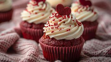 Red velvet cupcakes with creamy frosting and red heart topper on knitted texture. Valentine's Day dessert concept. Design for greeting card, invitation. photo