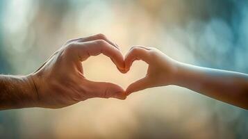 Father and Son hands forming a Heart shape on a blurred background. Concept of love, care, and relationship for greeting card, Father's Day, and poster design. Close-up with bokeh effect. photo