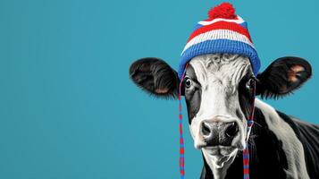 Cow Wearing Winter Hat on Blue Background - Fun, Quirky, and Playful Portrait of a Farm Animal - Winter Themed Concept photo