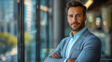 Confident Businessman in Light Blue Suit Standing by Glass Building on Sunny Day photo