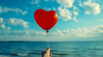 Red heart-shaped balloon against a blue sky with clouds. Romantic concept for Valentine's Day with copy space for greeting cards and print. photo