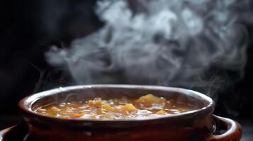 Close-up of hot Vegetable Soup in a rustic bowl with visible steam, on a dark background. Ideal for recipe websites, food magazine articles, and cooking instructions with copy space. photo