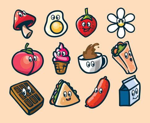 collection of food illustrations with funny faces