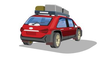 Perspectives rear side view of SUV red car. With driving man inside car. On the roof of the car there is luggage set up on a rack. Isolated of white background. vector