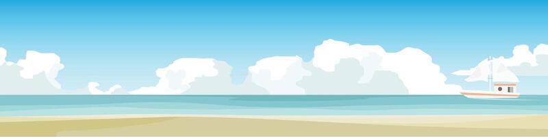 Horizontal view of sea beach. Foreground of sand beach with wave of ocean. Sailboat sailing on the sea. Under view of clear sky and white clouds. vector
