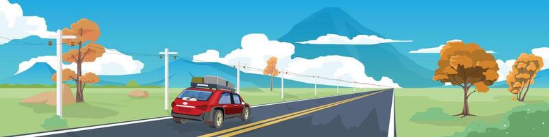 Horizontal view of asphalt road with nature two side of road. Background of mountain and clouds under blue sky. with Perspectives rear side view of SUV red car. with driving go to travel on upcountry. vector