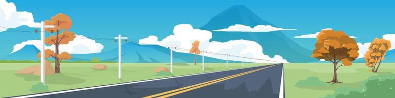 Horizontal view of asphalt road with nature two side of road. With electric pole with cable beside road. Background of mountain and clouds under blue sky. vector