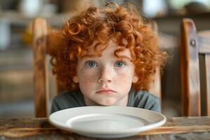 Curly Red-Haired Freckled Child with Empty Plate at Table in Cozy Home Setting, Waiting for Meal, Reflective Mood, Warm Wooden Chairs, Natural Light, Soft Focus, Childhood Innocence, Anticipation photo