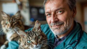 Smiling Veterinarian Holding Two Beautiful Maine Coon Cats in a Clinic Setting, Offering a Friendly and Professional Pet Care Service photo