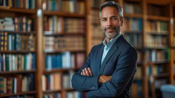 Confident Professional Businessman Standing in Library, Portrait of Mature Male in Stylish Modern Apparel, Soft Focus Background photo