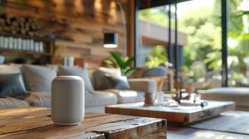 Smart Speaker on Wooden Coffee Table, Bright Sunlight Streaming Through Large Windows photo