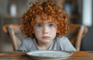 Sad Child and Empty Plate Captivating Image of Redheaded Kid with Freckles and Blue Eyes Seated at Wooden Table with Focused Gaze, Indoor Setting, Natural Light photo