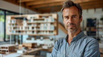 Confident Male Architect in Modern Office with Detailed Architectural Models and Natural Light photo