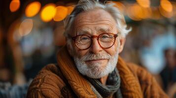 Warm Portrait of Elderly Man in Cozy Sweater and Glasses, Featuring Bokeh Lights, Capturing Warmth and Serenity of a Winter Evening in a Rustic, Outdoor Setting, Perfect for Seasonal Holiday Designs photo