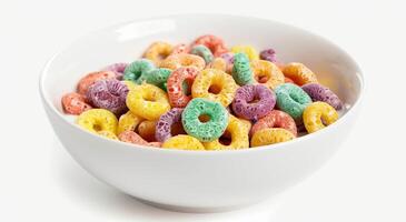 Colorful Fruit Loop Cereal in White Bowl on White Background, Close-up Shot, Bright Vibrant Colors, Breakfast Concept, Fun and Cheerful Morning Meal, Healthy Eating, Food Photography photo