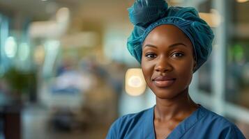 Portrait of a Confident African Female Nurse in Scrubs at a Busy Hospital, Showcasing Professionalism and Warmth in a Healthcare Setting With Soft Bokeh Lights in the Background photo