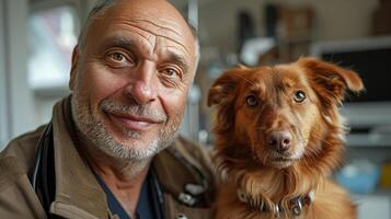 Joyful Elderly Man with His Loyal Golden Retriever Dog Enjoying a Relaxing Day at Home, Perfect for Family and Lifestyle Advertisements photo