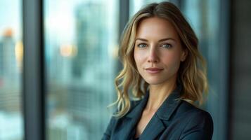 Contemporary Businesswoman in Blue Blazer With Confident Smile, Urban Office Background photo