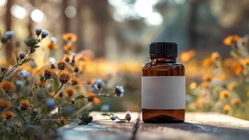 Amber Glass Bottle on Rustic Wooden Surface Amidst Wildflowers in Sunlit Forest Setting, Perfect for Nature-Themed Wellness and Aromatherapy Design Concepts photo