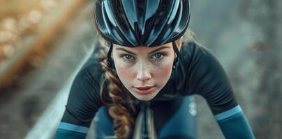Determined Female Cyclist in Black Helmet and Cycling Gear on Open Road Capturing Focus and Motion in Autumn Weather for Sportswear Advertising and Fitness Campaigns photo
