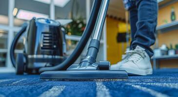 Modern Vacuuming Scene with Stylish Sneakers, Blue Carpet, and Home Decor Elements in a Bright Indoor Setting photo