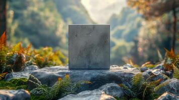 Concrete Cube on Moss-Covered Rock in Tranquil Forest, Sunlit Morning, Vivid Nature with Ferns, Trees, and Soft-Focused Brush, Beautiful Outdoor Scenery, Inspiration for Zen Garden Designs photo