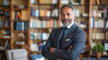 Confident Mature Businessman in Elegant Suit Standing in a Library with Arms Crossed photo