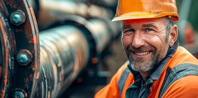 Smiling Construction Worker in Safety Gear with Industrial Background, High-Resolution Professional Portrait for Corporate Materials, Safety Documentation, and Industry Marketing Campaigns photo