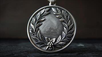 Elegant Silver Medal With Laurel Wreath Design, Close-Up Macro Shot, Award Symbol Of Achievement, Recognition, Excellence, Success, Engraved Floral Details, Dark Background photo