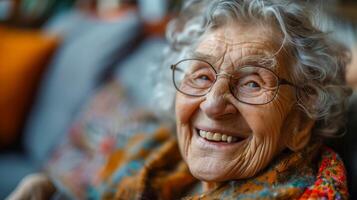 Portrait of a joyful elderly woman with glasses, smiling warmly, surrounded by a cozy, blurred background emphasizing her cheerful expression. photo