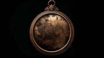 Antique bronze frame with copy space on a dark background. Close-up studio shot with copy space. Vintage and heritage concept for design and print. photo