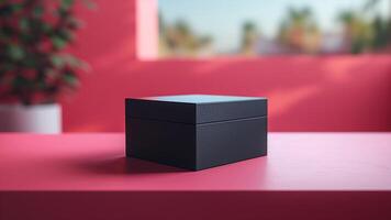 Black Gift Box on Pink Surface in Modern Interior with Blurred Background, Perfect for Holiday Celebrations, Product Mockups, and Minimalist Design Concepts photo